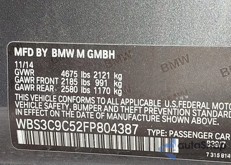 2015 BMW M3 from USA, damaged, VIN WBS3C9C52FP804387